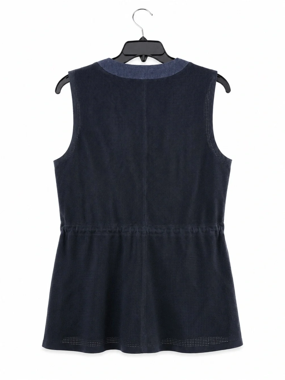 Lafayette 148 NY Perforated Suede Zip Utility Vest XL Navy Drawstring Jacket
